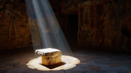 A captivating image showcasing a solitary stone block illuminated by an ethereal beam of light in an ancient cave, evoking mystery and tranquility.の素材