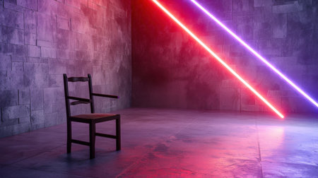 A solitary wooden chair placed in a dimly lit room, illuminated by striking neon light beams, creating a unique and atmospheric ambiance.の素材