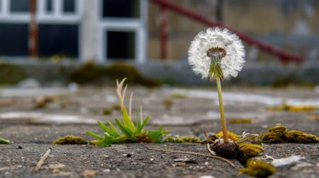 A captivating dandelion stands tall against a backdrop of urban decay, showcasing nature's resilience. The delicate seed head shines in focus, surrounded by concrete.の素材