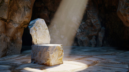 A captivating image of a stone chair illuminated by a beam of light in a rocky cave environment, showcasing the interplay of natural textures and shadows.の素材