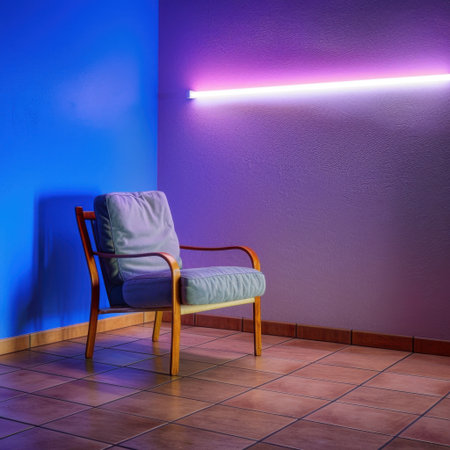 A stylish modern chair sits elegantly against a vibrant blue wall, enhanced by soft neon lighting that creates a cozy and artistic ambiance.の素材