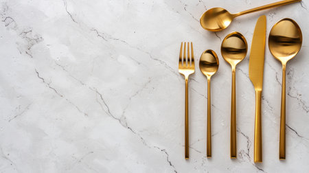 A sophisticated arrangement of gold cutlery including fork, spoon, and knife on a smooth marble surface, perfect for elegant dining and decoration.の素材