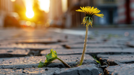 A striking yellow dandelion flower emerges through cracks in urban pavement, illuminated by the warm glow of sunset, symbolizing resilience and natural beauty.の素材