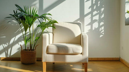 A cozy minimalist chair positioned beside a leafy plant, bathed in warm sunlight, creating a peaceful and inviting atmosphere in a tranquil living space.の素材