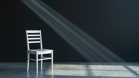 A minimalist white chair sits alone in a modern interior, illuminated by soft lighting that creates striking shadows on the floor, evoking tranquility.の素材