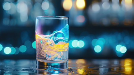 A striking picture featuring a clear glass filled with colorful liquid and ice, set on a bar table. The blurred, vibrant bokeh lights enhance the atmosphere, perfect for nightlife visuals.の素材