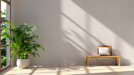 This image showcases a bright and spacious minimalist room featuring natural light streaming through large windows, with a serene indoor plant and a simple wooden bench, creating a tranquil atmosphere perfect for relaxation and aesthetic appeal.の素材