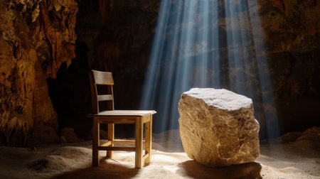 A serene cave scene featuring a wooden chair beside a large rock, with ethereal rays of light illuminating the space, creating a tranquil atmosphere.の素材