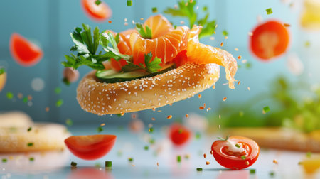 A visually stunning image of a bagel topped with fresh salmon and vibrant vegetables floating in mid-air, surrounded by colorful ingredients, showcasing culinary creativity.の素材