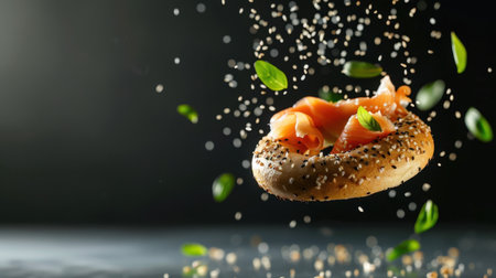 This stunning image features a floating bagel topped with salmon and fresh herbs, surrounded by sesame seeds, creating a captivating culinary visual against a dark background.の素材