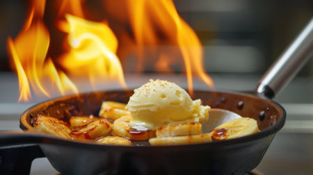 A visually stunning shot of a frying pan with sizzling bananas and a scoop of ice cream, accentuated by flames for dramatic effect. Perfect for food lovers.の素材