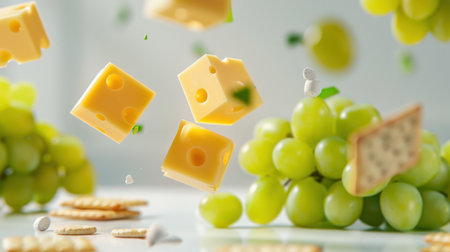 A whimsical and vibrant arrangement featuring floating cheese cubes, fresh green grapes, and crackers, creating a playful and appetizing snack display.の素材