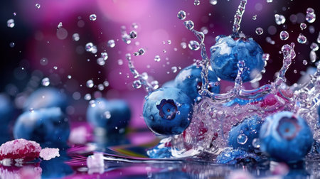 This stunning close-up image captures fresh blueberries splashing into water, highlighting their vibrant color and juicy texture against a beautiful bokeh background.の素材