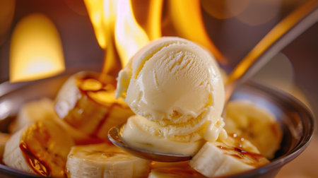 This eye-catching dessert features a scoop of creamy ice cream atop sliced bananas drizzled with caramel sauce, beautifully ignited for an impressive presentation.の素材