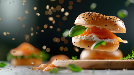 A captivating image of a fresh bagel topped with salmon and cream cheese, surrounded by herbs and spices, showcasing culinary artistry and vibrant flavors.の素材