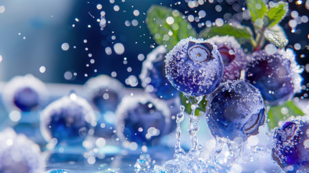 A captivating image of fresh blueberries coated in frosty sugar, splashing in water. This vibrant scene showcases the essence of summer and healthy indulgence.の素材