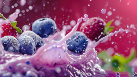 This artistic image captures vibrant blueberries and raspberries splashing in a colorful liquid, creating a lively and refreshing composition perfect for food photography.の素材