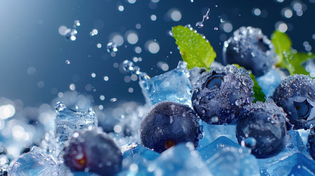 A captivating close-up image featuring fresh blueberries resting on ice cubes, accentuated by shimmering water droplets and mint leaves, evoking a refreshing summertime vibe.の素材