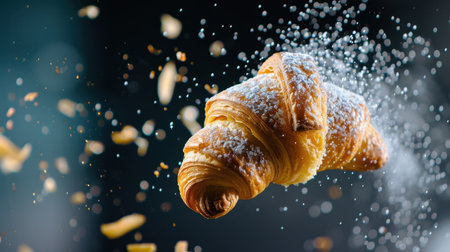 A freshly baked croissant dusted with powdered sugar, captured mid-air with flying flakes and a dark background, highlighting its delicious appeal.の素材