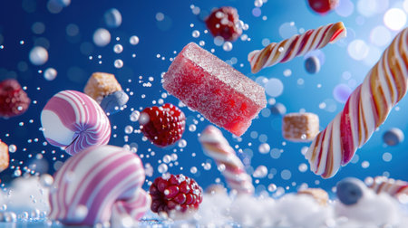 This vibrant image showcases a delightful assortment of candies and sweets, elegantly suspended in motion against a striking blue background, creating a joyful and festive atmosphere.の素材
