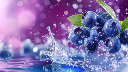 Vibrant image of fresh blueberries splashing into water, accented with mint leaves, creating an eye-catching visual perfect for food enthusiasts and health-conscious individuals.の素材