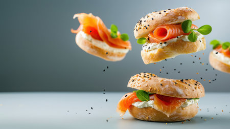 This artistic image captures a bagel sandwich topped with smoked salmon and cream cheese, perfectly floating against a minimalist backdrop, showcasing modern culinary creativity.の素材