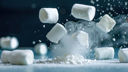 A whimsical scene featuring floating marshmallows surrounded by powdered sugar and smoke, perfect for evoking a sweet and cozy atmosphere in food imagery.の素材