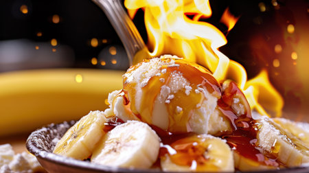 Experience a delightful dessert featuring creamy ice cream topped with fresh banana slices and a sizzling flame. Perfect for special moments and gourmet indulgence!の素材