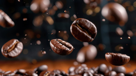 An artistic capture of roasted coffee beans suspended in mid-air, showcasing a rich color palette and dynamic movement, perfect for coffee lovers.の素材