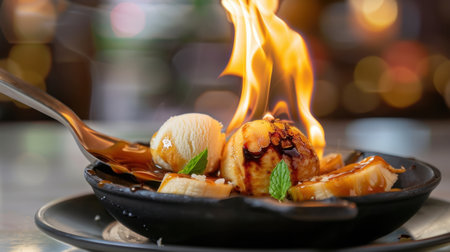 A stunning dessert featuring flaming bananas atop creamy ice cream, garnished with fresh mint leaves on a rustic plate, capturing vibrant culinary art.の素材