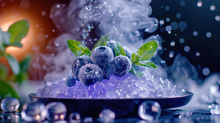 A visually striking image featuring fresh blueberries garnished with mint leaves on shimmering ice, surrounded by mist and a colorful bokeh background.の素材