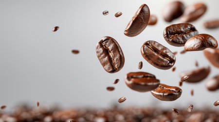 A stunning depiction of coffee beans elegantly falling against a soft gray background, capturing the essence of freshness and flavor in every detail.の素材