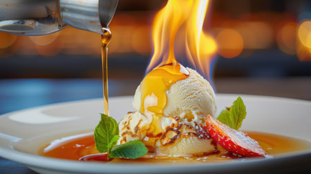 A visually striking dessert featuring flaming ice cream topped with sauce and fresh strawberry, garnished with mint leaves on an elegant plate.の素材