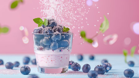 This vibrant and refreshing dessert features creamy yogurt topped with fresh blueberries and mint, enhanced with sparkling sugar for a perfect summer treat.の素材