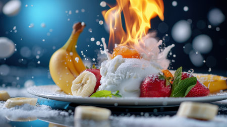 This enticing image showcases a delicious dessert featuring flaming sugar on soft ice cream, garnished with fresh fruits, perfect for culinary enthusiasts.の素材