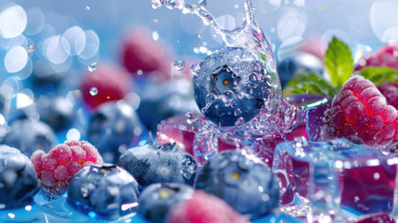 This vibrant image showcases fresh blueberries and raspberries splashing into colorful gelatin, creating a refreshing dessert scene. The sparkling background enhances the visual appeal, perfect for highlighting summer flavors and healthy treats.の素材