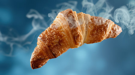 A freshly baked croissant emits steam, showcasing its golden, flaky layers against a soft blue background. Perfect for breakfast, this delicious pastry exudes warmth and indulgence.の素材