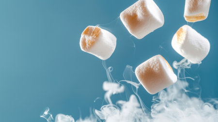 Delightful scene featuring flying marshmallows surrounded by steam against a vivid blue background, evoking nostalgia and a sense of joy.の素材