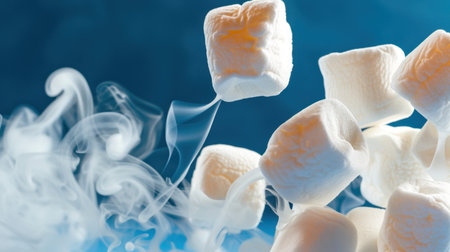 A stunning composition featuring fluffy marshmallows floating amidst wisps of smoke against a soft blue background. Ideal for culinary concepts.の素材