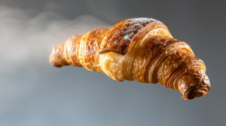 This image captures a fresh croissant with steam rising delicately around it, highlighting its flaky texture and golden brown crust, perfect for food lovers.の素材
