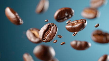 This stunning image features freshly roasted coffee beans in mid-air against a vibrant blue background, celebrating the culture of coffee enjoyment and brewing expertise.の素材