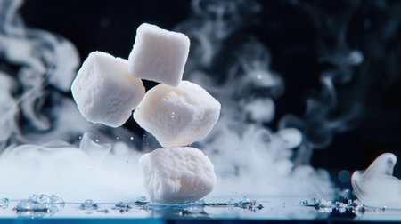 A captivating image featuring marshmallows floating in mid-air, surrounded by mist and sparkling water droplets on a glass surface. Ideal for food-related themes.の素材
