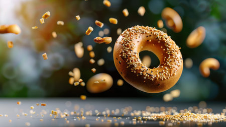 This captivating image features a floating bagel topped with sesame seeds, surrounded by falling toppings, showcasing a whimsical take on food photography.の素材
