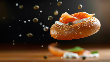 An artistic shot of a sesame bagel topped with smoked salmon, cream cheese, and capers, creating an appealing snack perfect for any occasion.の素材