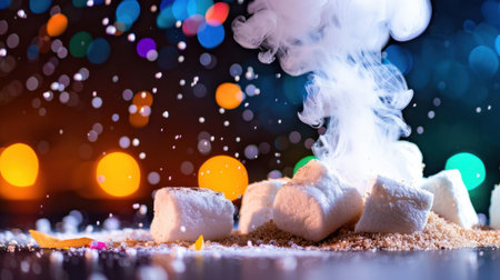 This vibrant image showcases fluffy marshmallows dusted with sugar, rising steam, and a beautifully blurred colorful background. Ideal for food themes.の素材