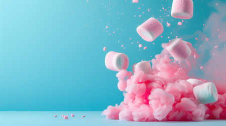 A playful scene featuring colorful marshmallows cascading into soft pink vapor against a serene blue background, creating a whimsical and vibrant visual experience.の素材