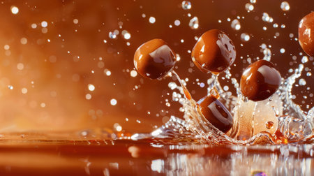 A breathtaking moment captures chocolate balls splashing into a rich brown liquid, creating mesmerizing droplets against a blurred, warm backdrop.の素材