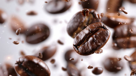 Experience the dynamic motion of roasted coffee beans falling gracefully against a soft, blurred background, conveying a rich sensory experience.の素材