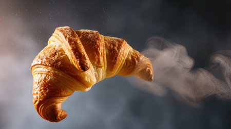 A beautifully captured image of a golden croissant floating in the air, surrounded by a delicate vapor. The inviting appearance and soft lighting highlight the flaky texture, representing a perfect moment of indulgence for food lovers.の素材