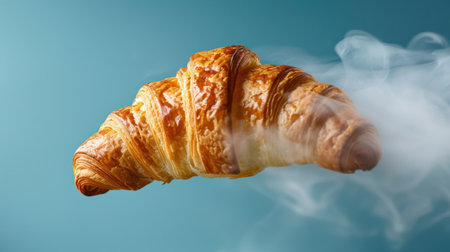 A visually striking image of a golden croissant elegantly floating in the air, surrounded by delicate wisps of steam, against a soft blue background.の素材